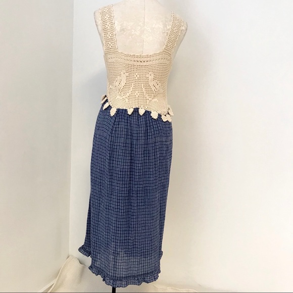 Vintage 70s Boho Crochet Top Print Midi Dress - Picture 7 of 11